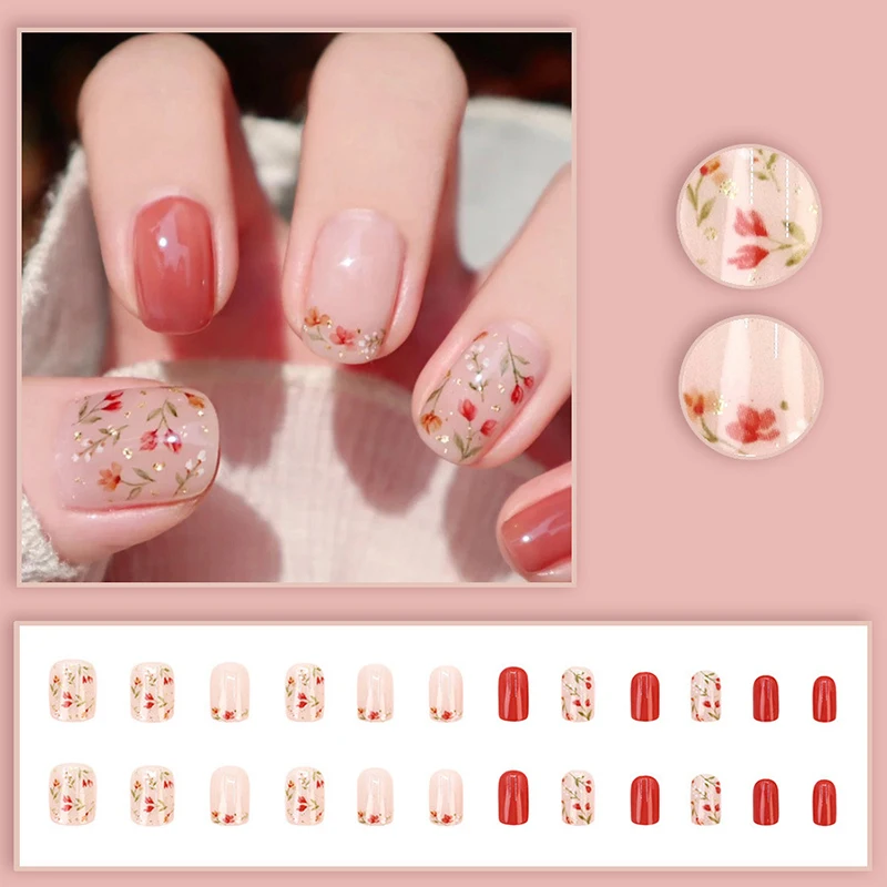 

24pcs Artificial Nail Art Fake Nails Full Coverage Removable Press On Nails Short Square Head Nail Tip Art