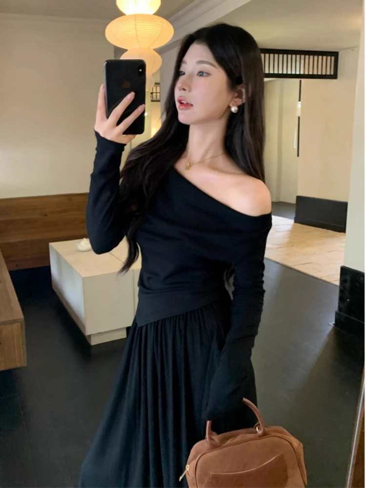 

Korean Style Long Sleeve Set Women Early Spring New One Shoulder Asymmetrical Draped Half Skirt Fashionable Breathable Casual