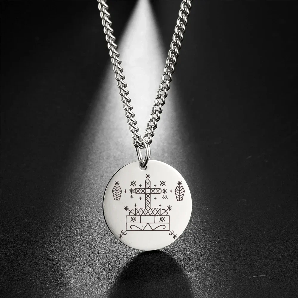 Mi forma vudú Loa Baron Samedi collar con colgante redondo para hombres Maman Brigitte collares de acero inoxidable amuleto joyería religiosa