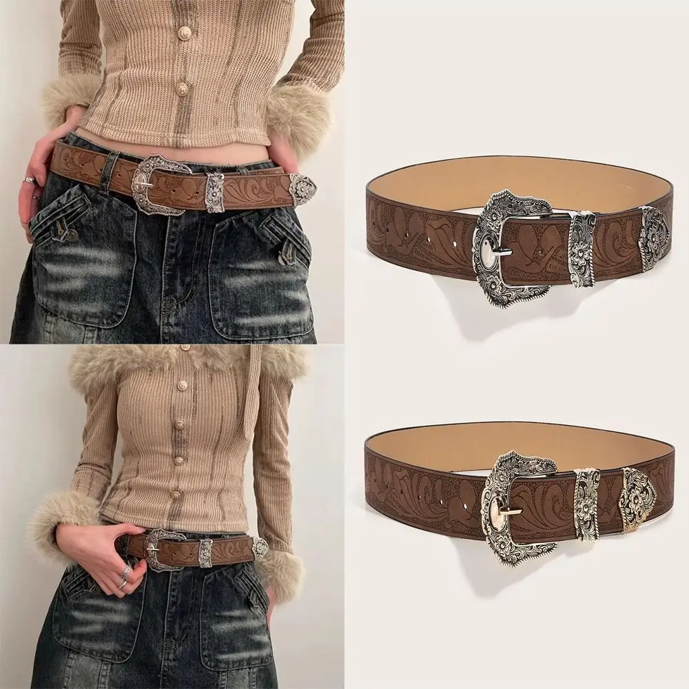 Ikat Pinggang Kulit PU Antik Mewah Y2k dengan Sabuk Gesper Pin Gesper Berukir Logam Sabuk Pinggang Cowgirl Serbaguna