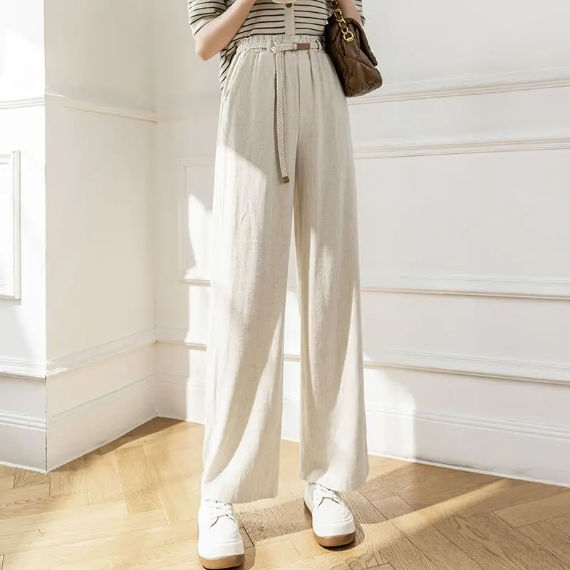 

Spring and Autumn Women's Solid Color High Waist Loose Wide Leg Pants Drawstring Thin Flax Fashion Casual Commuter Trousers