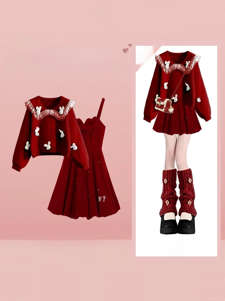 

Red Rabbit 3D Sweater Dress Set Sweet New Year's Outfit Small Size Winter Fashion Long Sleeve Knitted Dress Casual Loose Fit
