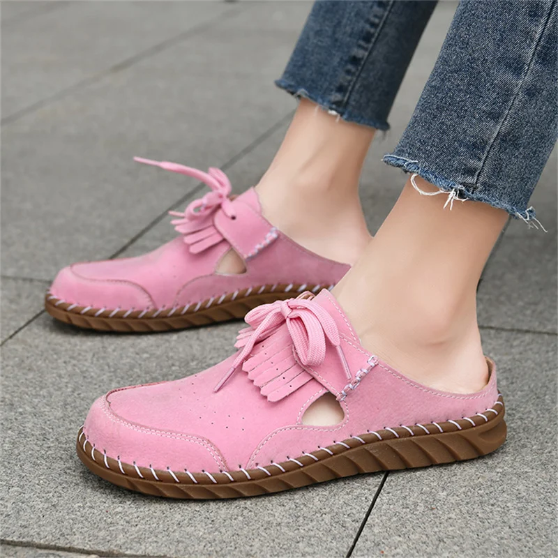 

Pink Suede Loafers Woman Summer Tassels Half Shoes Ladies Slippers Large Size 43 Comfortable Flat Shoes Women chaussures femme