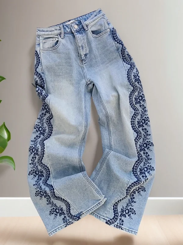 

Spring Season Loose Fit Blue Denim Jeans Side Beaded Embroidery High Waist Wide Leg Casual Sle Women's Premium Feeling Pants