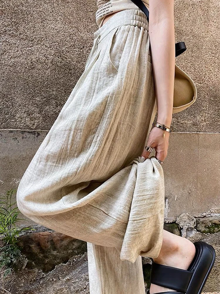 

Ретро-японские брюки с высокой талией и широкими штанинами, женские, из хлопка и льна, на резинке, свободного кроя, повседневные, в стиле Сакамото