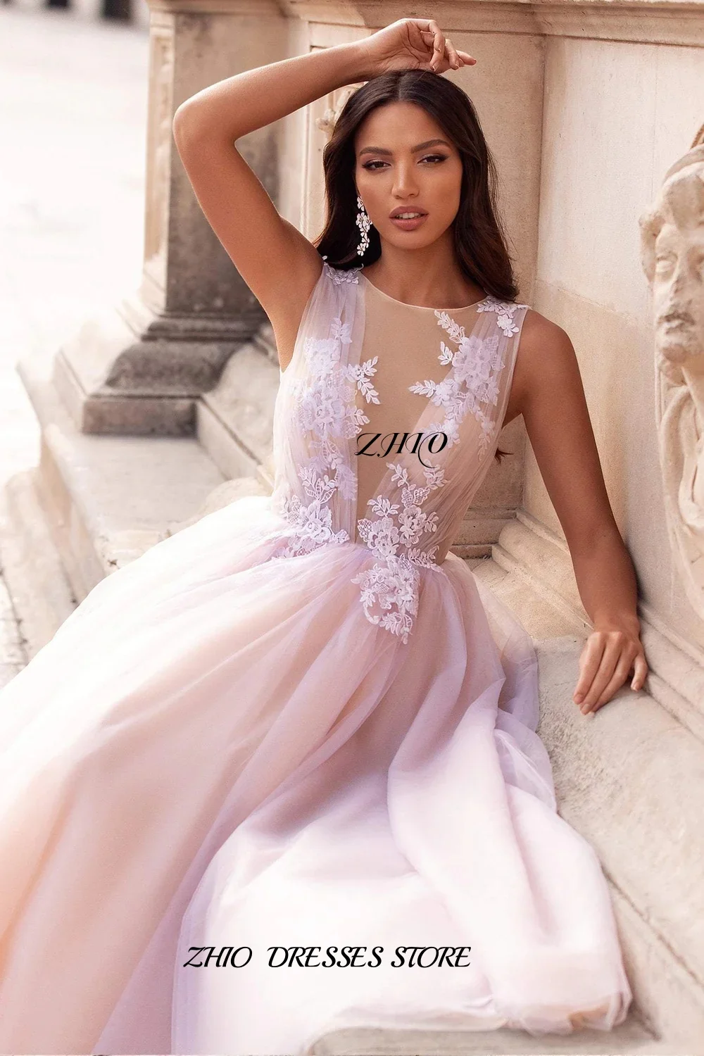 ZHIO Blush Pink Tulle Ball Gown Prom Dress Sheer Neckline Floral Lace Embellished Sleeveless Formal Evening Gown Customized