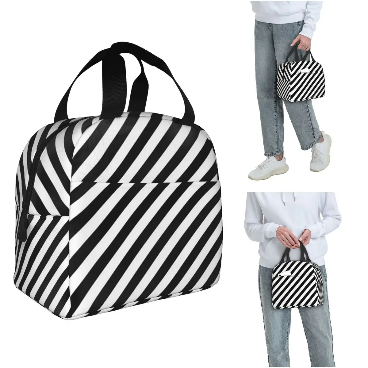 

Термосумка для обедов с черно-белыми полосками для женщин и детей, портативная термосумка для еды, термосумка-тоут