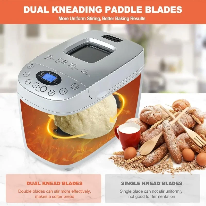 Bread Maker Machine 15-in-1 Automatic Bread Machine with Dual Kneading Paddles Breadmaker with Touch Panel&LCD Display