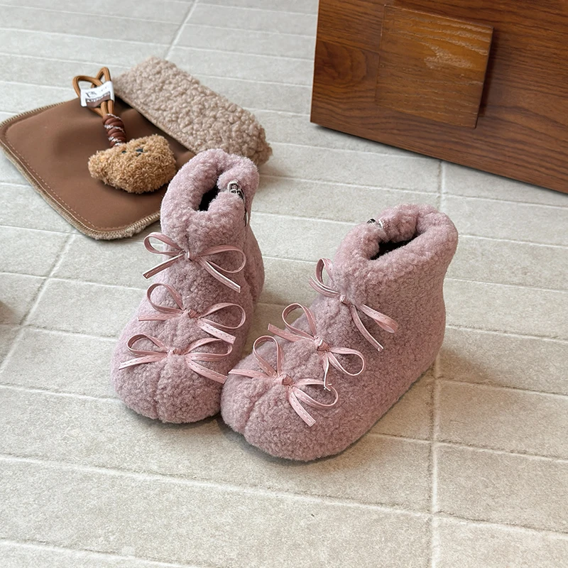 Faux Fur Winter Boots For Girls Korean Style Thick Warm Princess Plush Footwear Anti-slippery Trend Fashion Kid's Cotton Shoes