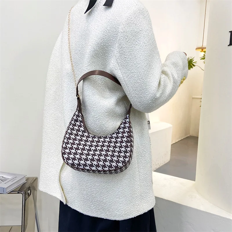 Fashion Women PU Leather Thin Chain Shoulder Crossbody Half Moon Bags Vintage Leopard Checkerboard Houndstooth Printed Handbag