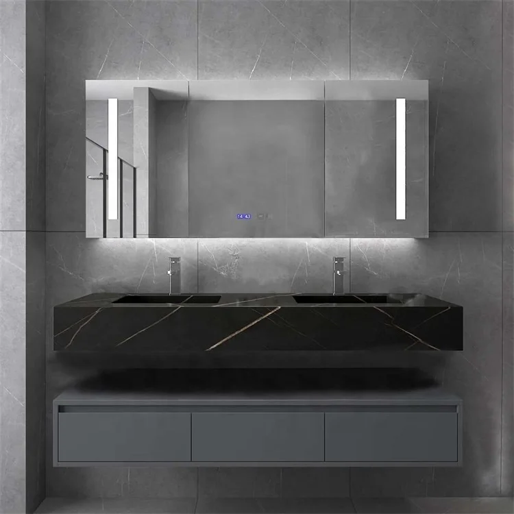 

Smart Customized Modern Wall-Mounted Bathroom Cabinet Factory Price Bathroom Vanity With Rock Slate Washbasin Top Smart Mirror