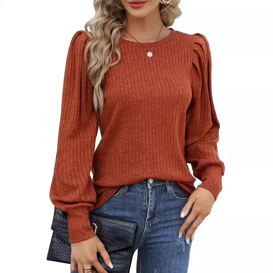 Women's Clothing Amazon's New Solid-color Pit Strip Polished Round Neck Top Women's Bubble Shoulder Long-sleeved T-shirt