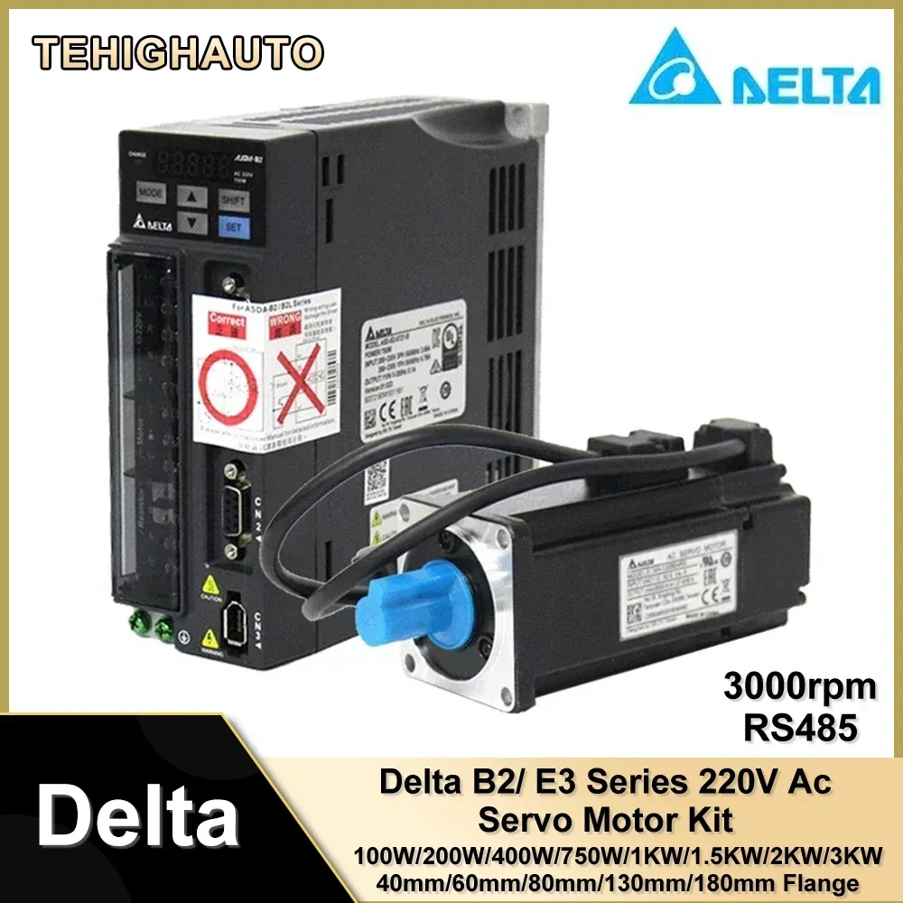 Delta B2/E3 AC Servo Motor Drive Kit 100/200/400/750W 17bit 22bit 3000rpm 1KW/1.5KW/2KW/3KW RS485 ASD-B2-0421-B+ECMA-C20604RS