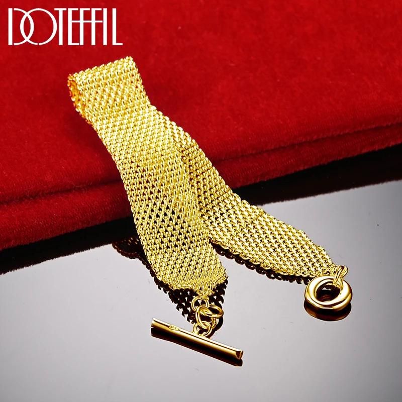 DOTEFFIL 18K Gold 925 Sterling Silver Watchband Network Mesh Chain Bracelet For Women Man Charm Wedding Engagement Party Jewelry