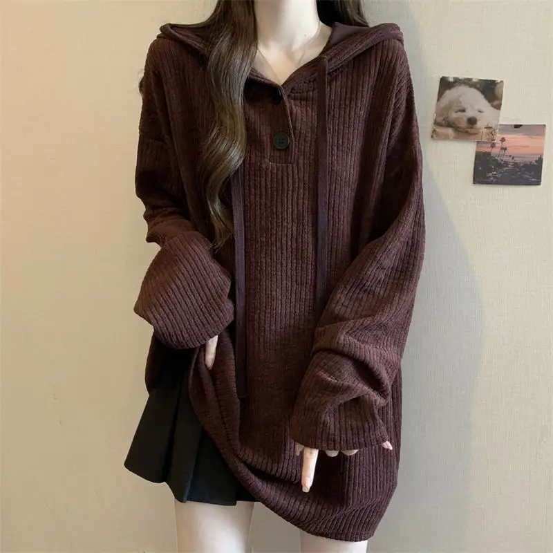 Casual Hooded Button T-shirt Autumn Winter New Stylish Drawstring Women's Clothing Solid Color Loose Basic Long Sleeve Pullovers