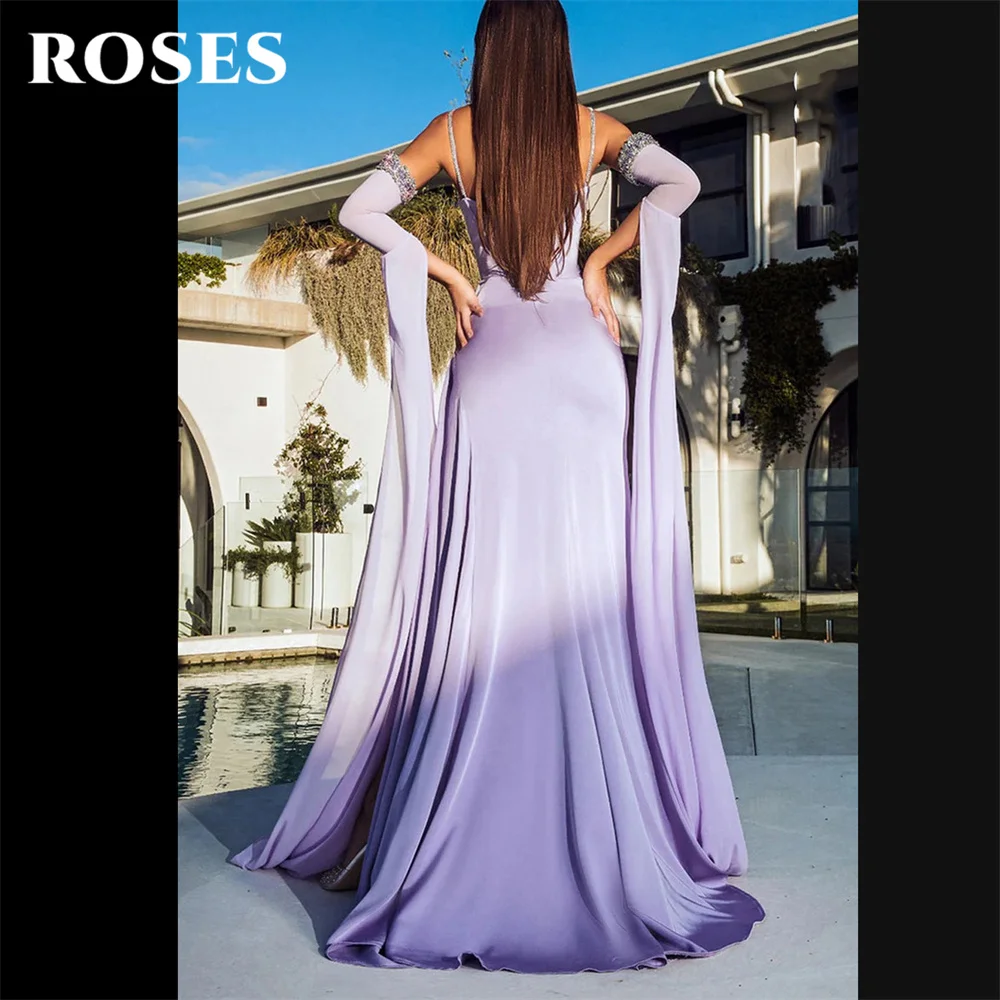 ROSES-Robe de Bal Violette en Mousseline de Soie pour Femme, Tenue de Soirée Sirène à Fente Haute, Bretelles Spaghetti, Poignées à Paillettes, Manches Détachables