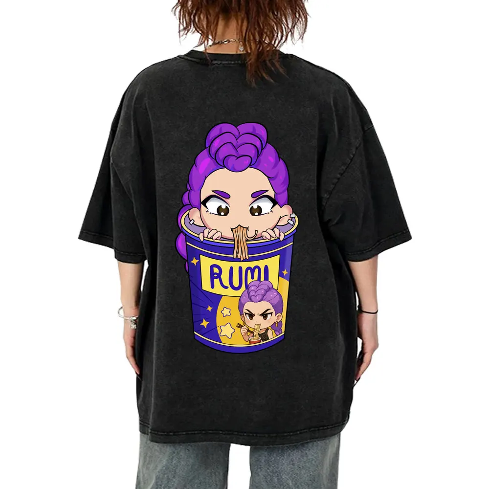 

Washed Vintage Movie KPop Demon Hunters T-shirt Cute Kawaii Rumi Mira Zoey Eat Ramen T Shirts Men Women Fashion Oversized Tshirt