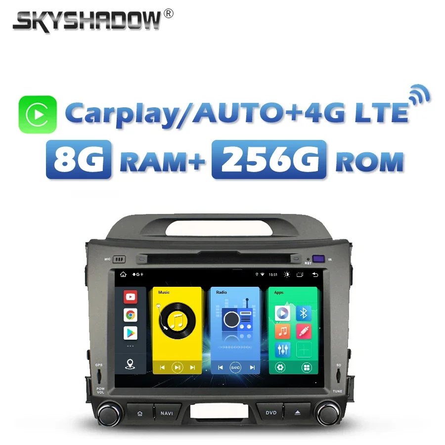 

720P 4G SIM Car DVD Player DSP IPS Carplay Auto Android 13.0 8G+256G Bluetooth Wifi GPS Map RDS Radio For kia Sportage 2010-2015