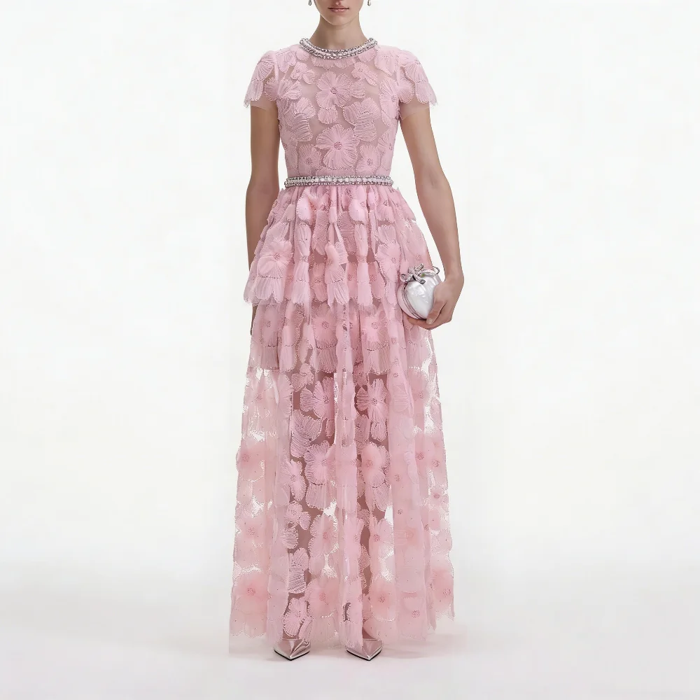 Customized Pink Luxury Intricate Flower Beading Rhinestone Pearl A-line Sash A-line Scoop Neck Long Dresses Evening Dresses Sexy