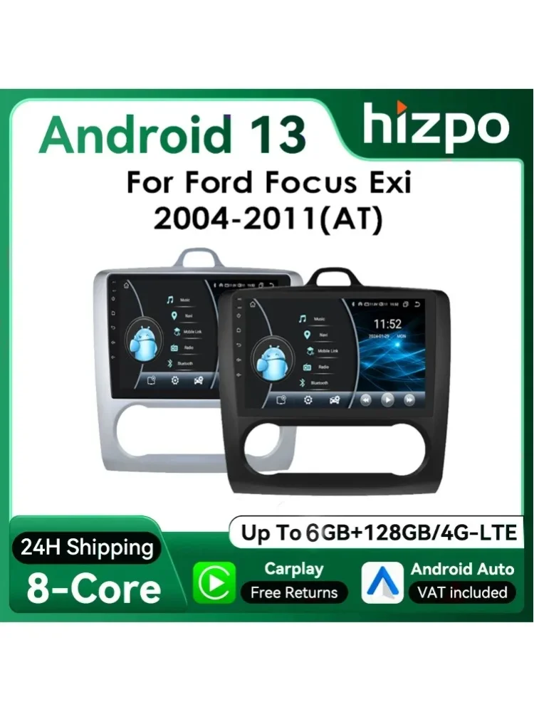 Hizpo 2din 9inch android13 autoradio für ford focus 2 mk2 2004-2011 auto ac carplay gps navi bt 4g rds dsp swc ui8581 headunit