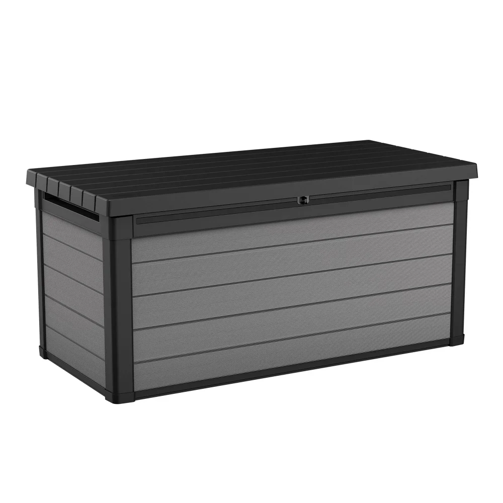 Outdoor 150 Gallon Wood and Resin Deck Box, Black and Gray Storage Boxes 59.70 X 28.50 X 27.55 In