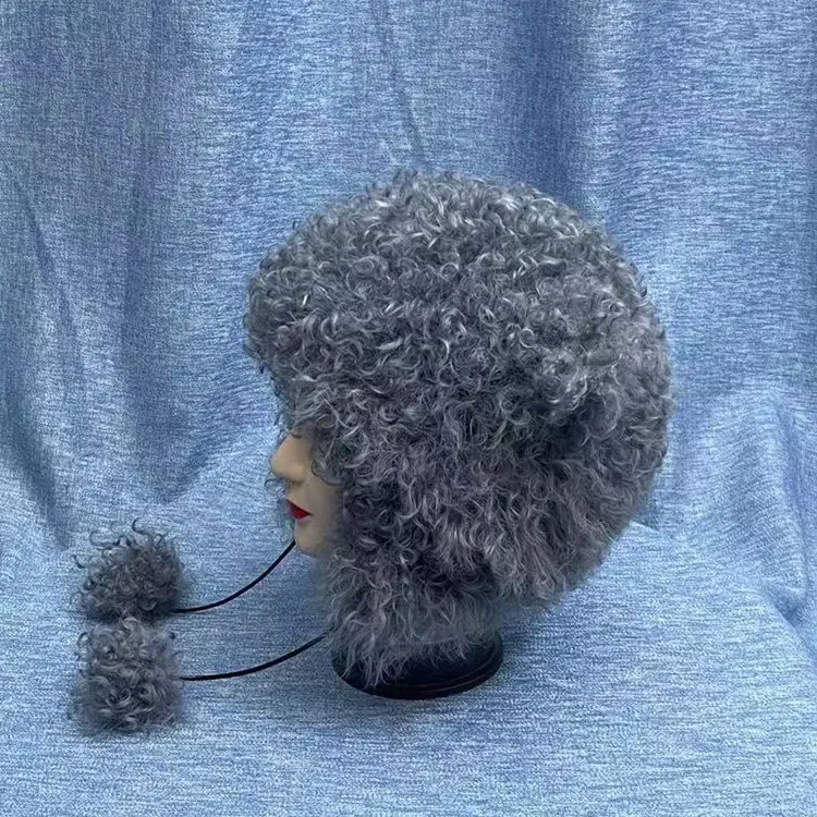 Warme Winter-Tiermotive Mütze aus Lockiger Wolle und Echtem Leder Neuer Stil für Männer und Frauen Gemütliche Echtpelz-Mütze für Kaltes Wetter – Detail 10