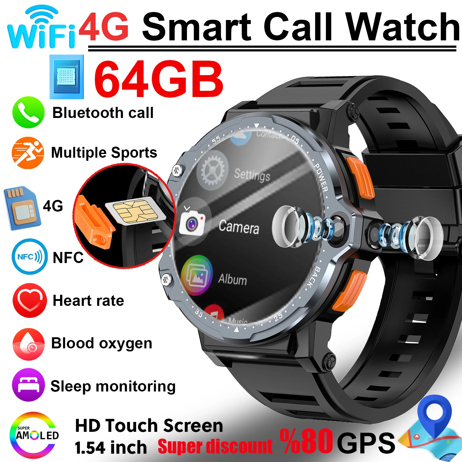 4G Android Smart Watch Men 1.54'' GPS 16G/64G ROM Storage 800W HD Dual Camera SIM Card WIFI NFC Video Call Smartwatch Hd call