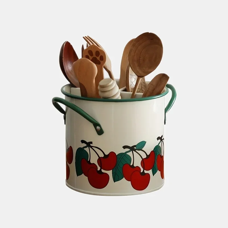 Vintage Cherry Tableware Bucket  Household Kitchen Chopsticks Cage Knife And Fork Storage Bucket Creative