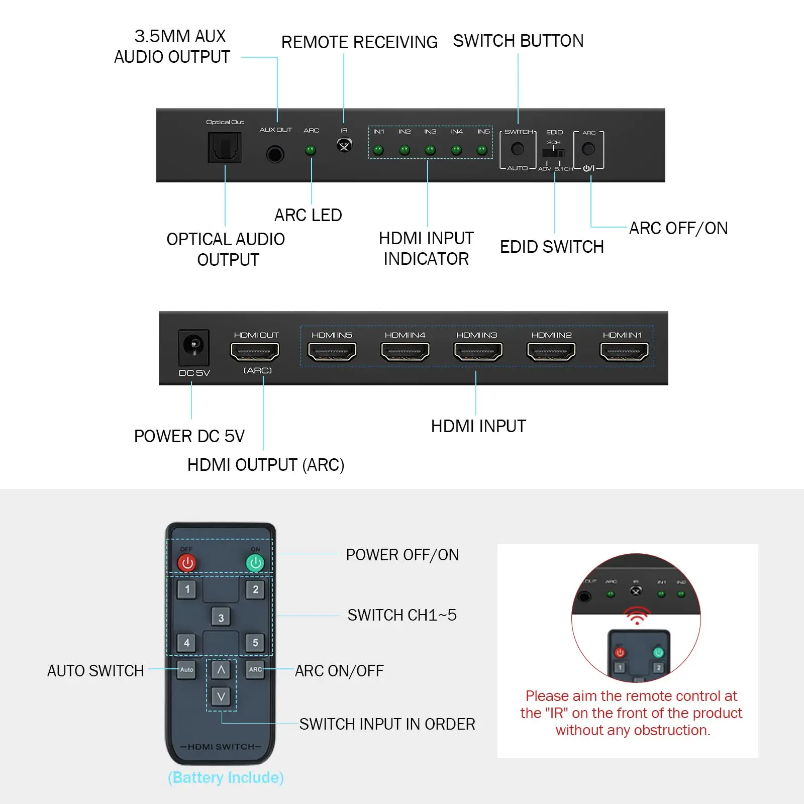 HDMI 오디오 선택기 스위치 박스, 오디오 추출기 포함, 4K @ 60Hz, 5x1 출력, 원격 지지대 HDR10 ARC 18Gbps