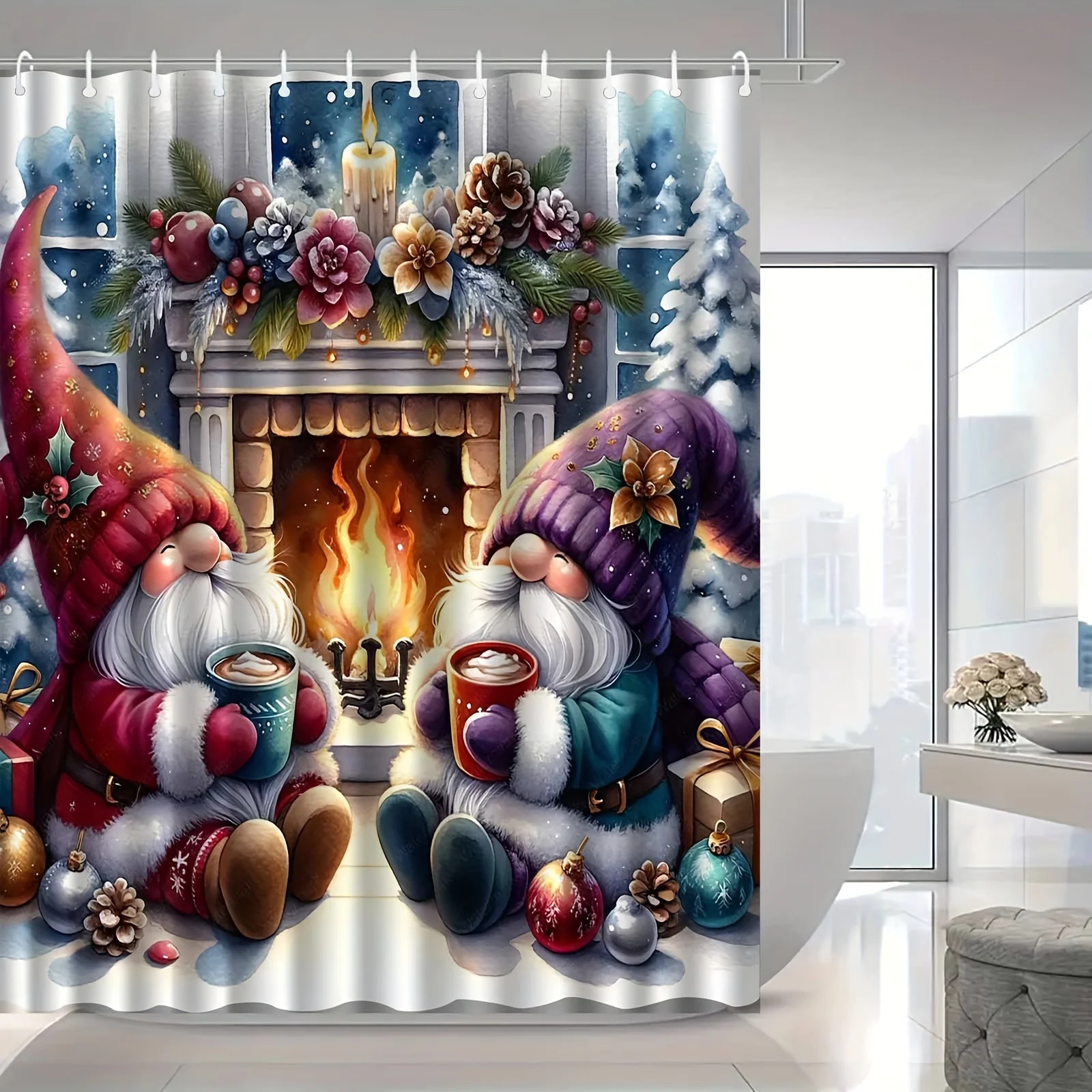 Christmas Gnome Fireplace Shower Curtain, Festive Winter Holiday Pattern Waterproof Bath Curtain, Cozy Xmas Bathroom Decor
