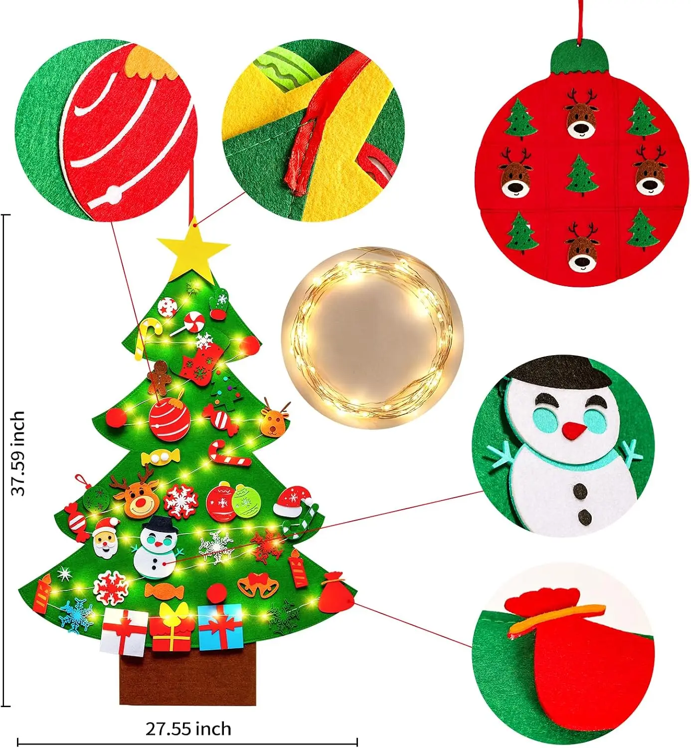 51Pcs Felt Christmas Tree DIY Craft Kit with Tic-Tac-Toe Game Detachable Ornaments Wall Hanging Christmas Decor Xmas Party Gift