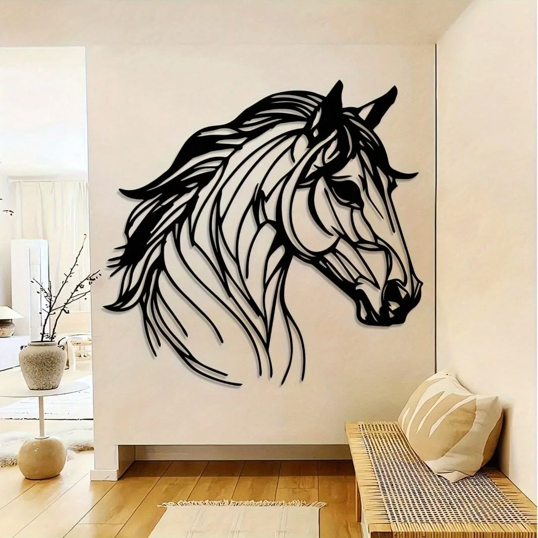 Arte de pared de metal de caballo salvaje vintage, escultura minimalista de una sola línea de hierro para decoración moderna de la sala de estar