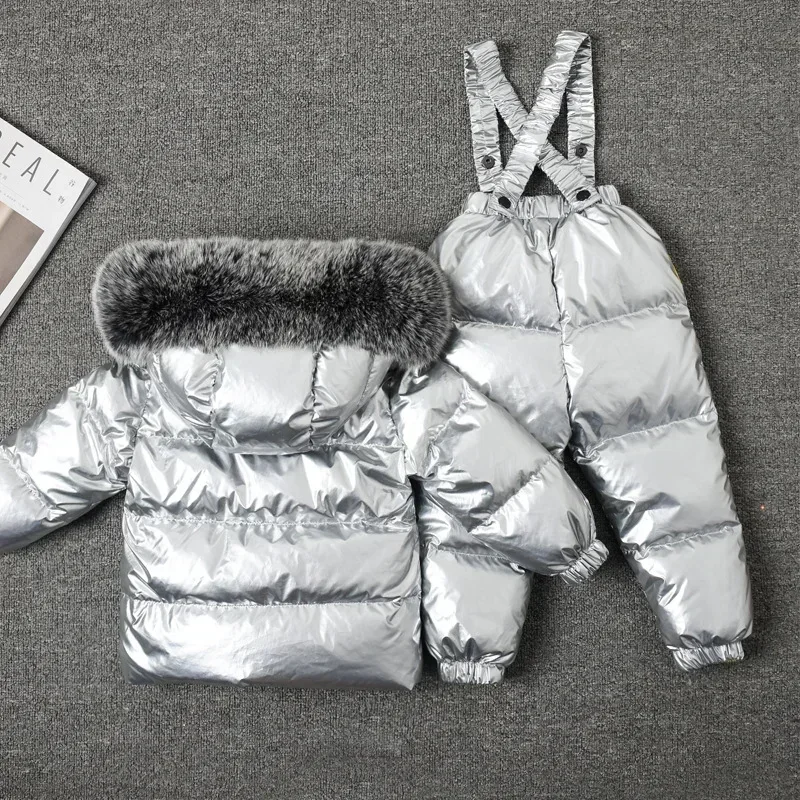 New Winter Thicker Children Down Jacket Overall Suit Big Real Fur Collar Kids Ski Suit Boys Girls Warm Jacket Silver