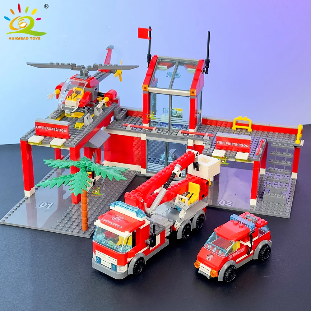 HUIQIBAO 756pcs Fire Station with Helicopter Model Building Blocks Fire Truck Firefighter Bricks City DIY Toys For Children Gift
