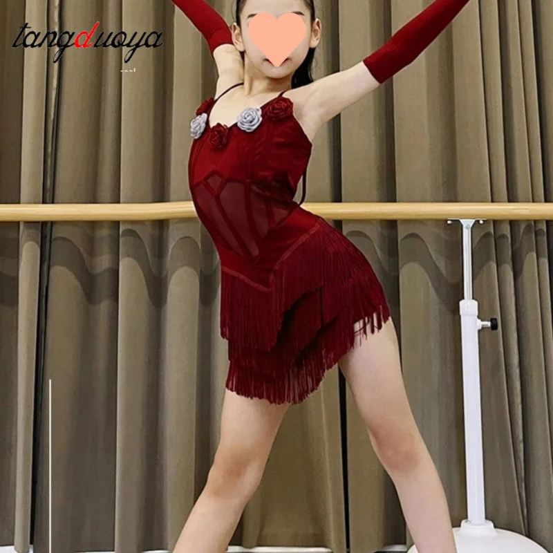 

Children Latin Dance Dress Suit Red Bare Back Fringed Skirt Samba Cha-cha Rumba Training Performance Costume for Grils 2025 New