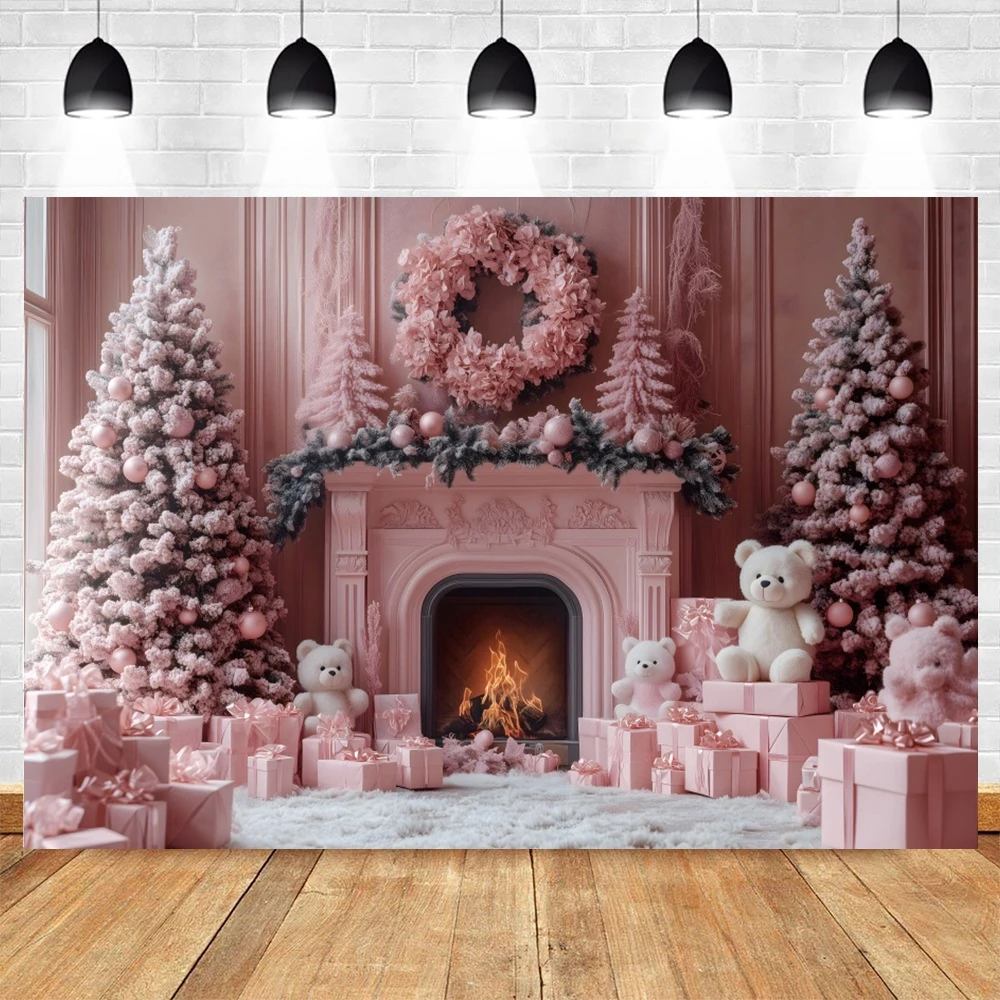 Pink Christmas Photography Backdrops Retro Palace Indoor Decoration Christmas Tree Bear Fireplace Kids Portrait Photo Background