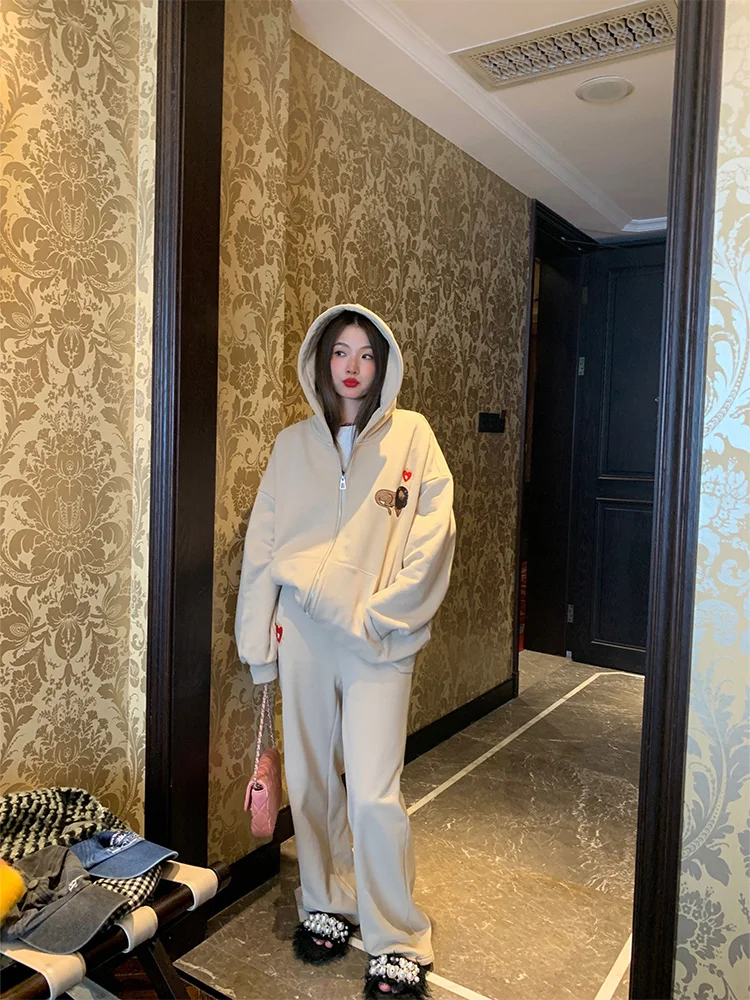 Women's Embroidered Fce Sports Set Long Sve Zipper Hooded Sweatirt Pants Autumn Winter Design Two-Piece Casual Outfit