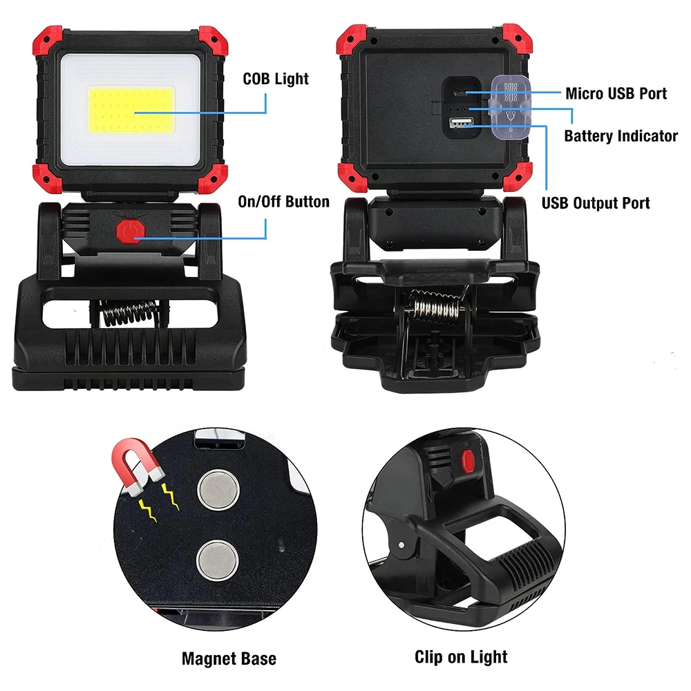 Ultra Bright LED Work Light Rechargeable COB Magnetic Clip on Work Light with Clamp 270° Rotatable Portable Lamp For Car Repair