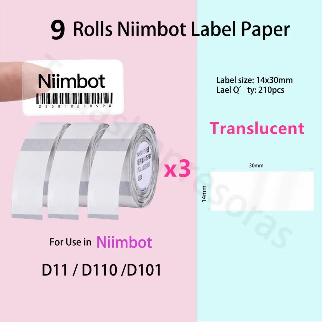 Niimbot 9 Rolls Translucent Label Paper for D101 D11 D110 Printer Adhesive Sticker Semi Transparent Marking Label Etiqueta Papel