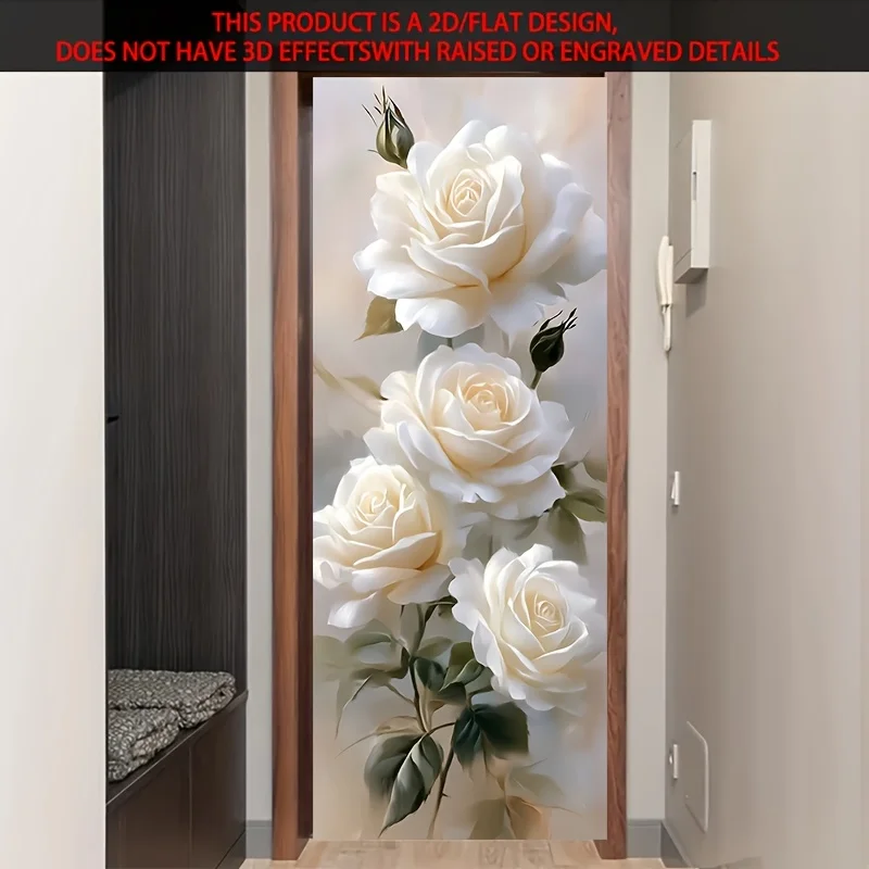1 pair of elegant white roses blooming 2D flat self-adhesive door stickers, romantic floral art, suitable for bedroom, living ro