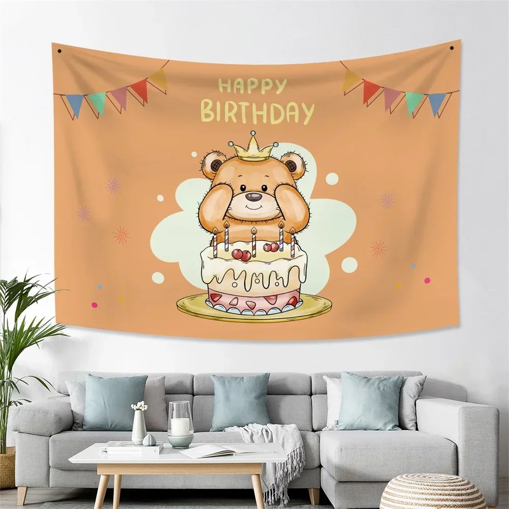 Birthday Background Tapestry Wall Hanging White Letters Cartoon Bear Tapestries Kids Room Decor Party Decoration