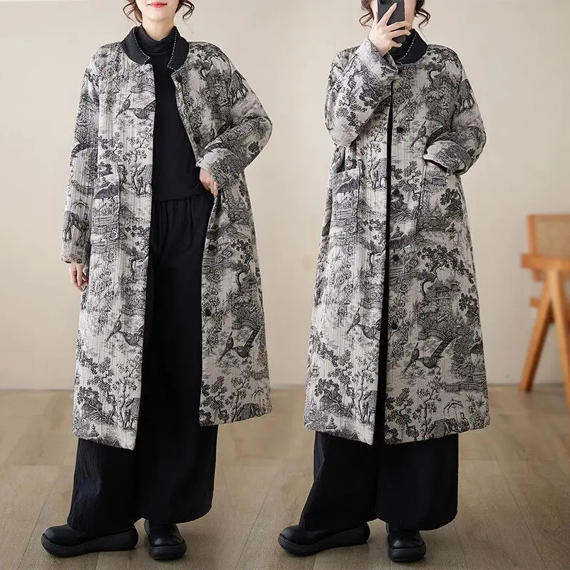 Chinese Ink Print Retro Warm Thick Coat For Women Oversized Loose Pockets Fashionable Quilted Jacket Retro Cotton Clothes Z3703