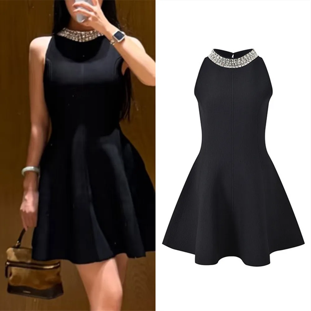 High-End Knitted Bla  Dr French Sle Diamond Embellied Svel Women's Faion Ci Commute A-Line Silhouette