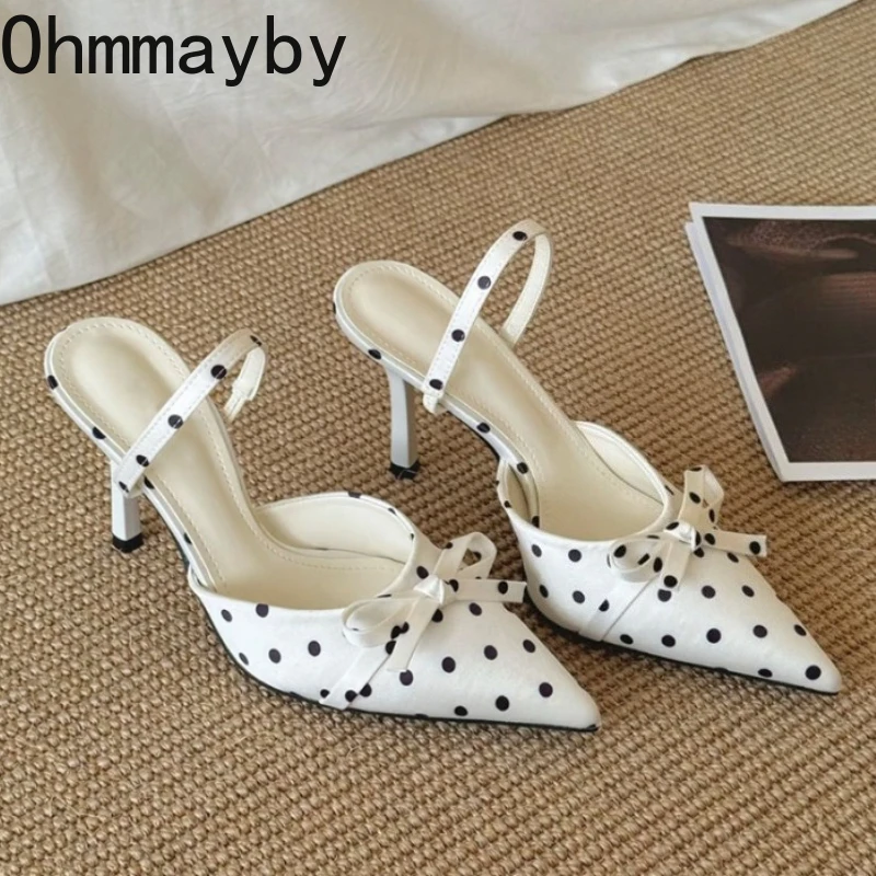 Pointed Toe High Heels Women Dot Sandals 2026 Summer Singbacks Mules Shoes Elegant Butterfly-knot Stripper Party Sandalias
