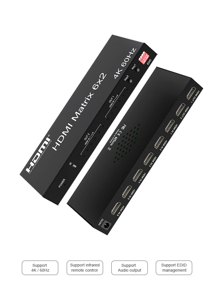 Matryca HDMI 6x2 4K 60Hz, przełącznik HDMI, rozdzielacz 6 wejść 2 wyjścia z przełącznikiem audio-wideo HDMI do monitora PC — zdjęcie produktu 7