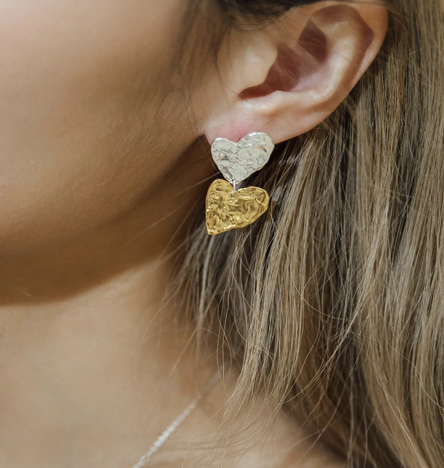 Brass With 18K Gold 2 Tone Heart Earrings Women Jewelry Punk Party T Show Gown Runway Korean Japan INS