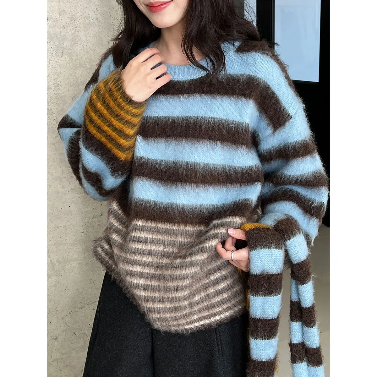 

Color-block Striped Sweater Women's Autumn Winter Brushed Scarf Sweater Two-piece Set Top