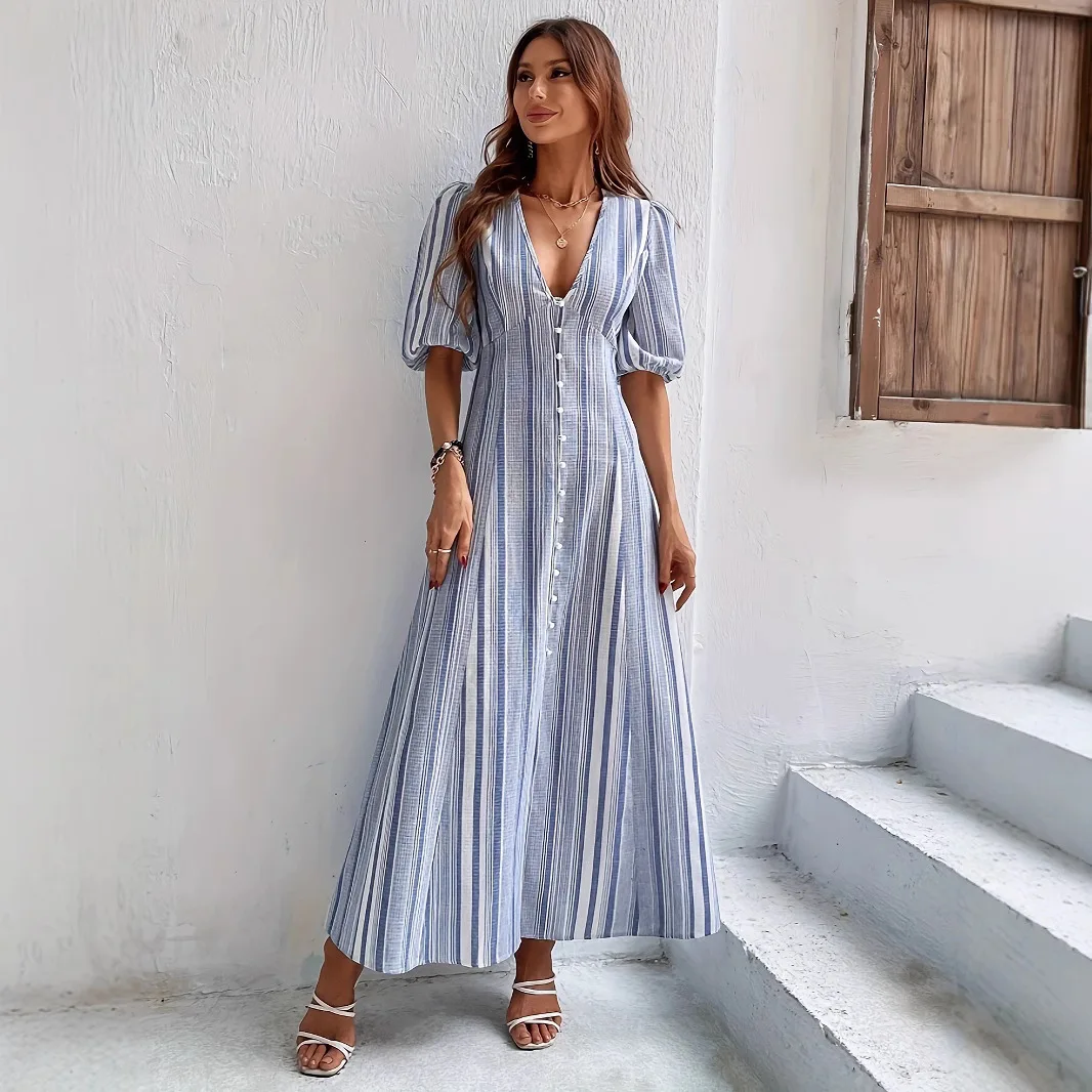 

Women's Elegant Dress With Casual Bubble Sleeves Buttons Summer Striped V-neck Slim Fit Comfortable Long Dress