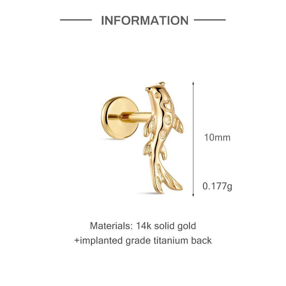 Aide 14K Soild Gold Implanted Grade Titanium Back Koi Fish Stud Flat Back Labret Conch Tragus Cartilage Piercing Fine Jewelry
