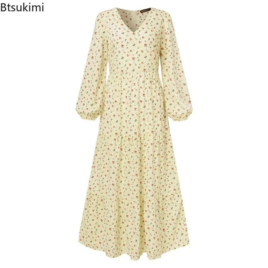 2025 Stylish Casual Maxi Dress for Women Floral Printed Mini Dress Evening Party Dresses V-neck Lantern Sleeve A-line Long Skirt image 6
